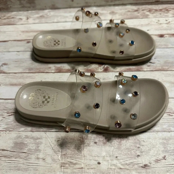 Vince Camuto Slide Sandals Clear Jeweled Size 7.5 Bling Slip On Pool Beach - Picture 2 of 8